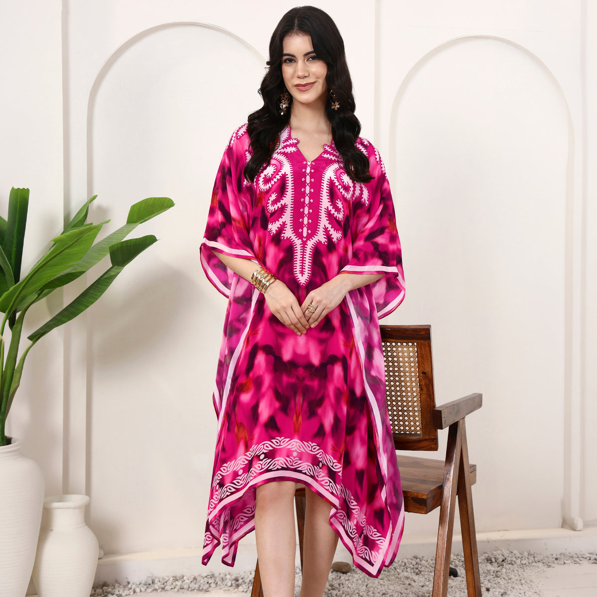 Pink Abstract Print Kaftan for Women – Viscose Crepe | First Resort by Ramola Bachchan