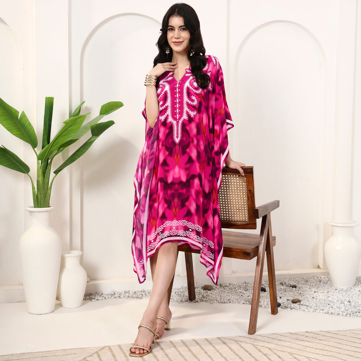 Pink Abstract Print Kaftan for Women – Viscose Crepe – Front View | First Resort by Ramola Bachchan