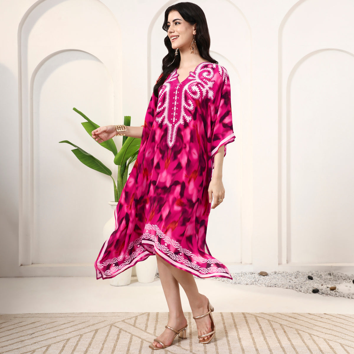 Pink Abstract Print Kaftan for Women – Viscose Crepe – Model View | First Resort by Ramola Bachchan