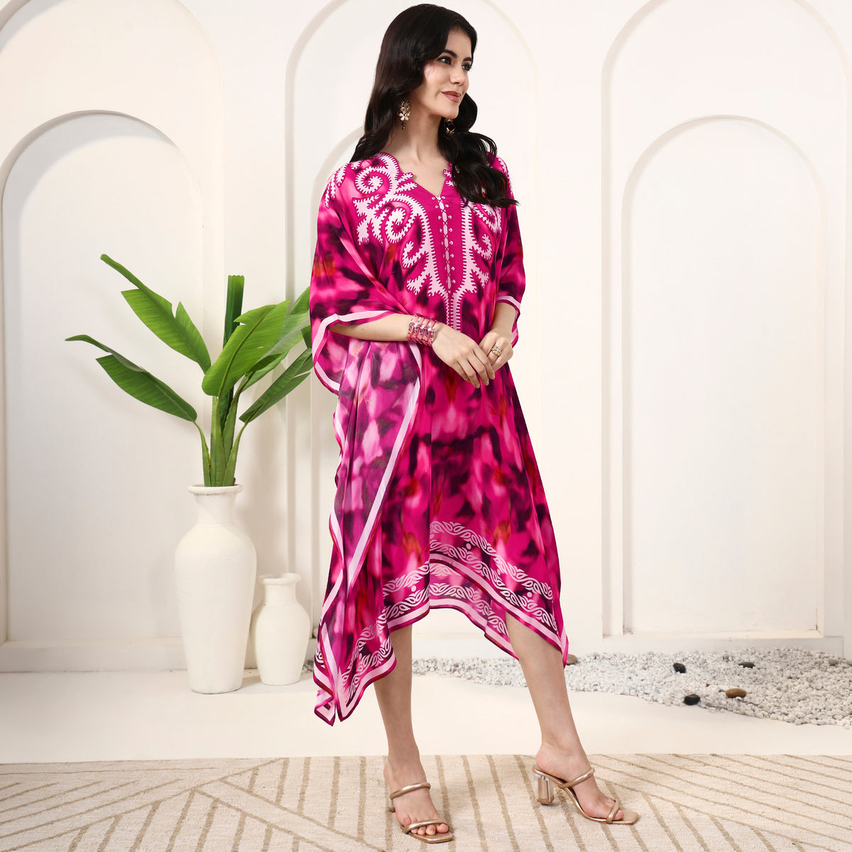 Pink Abstract Print Kaftan for Women – Viscose Crepe – Side View | First Resort by Ramola Bachchan
