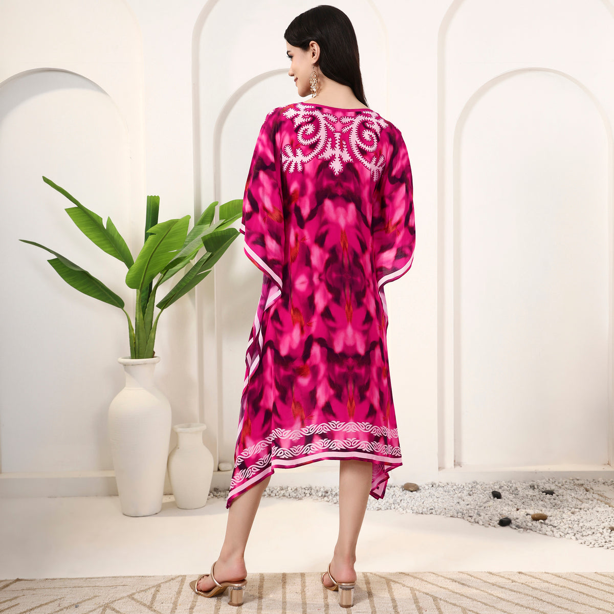 Pink Abstract Print Kaftan for Women – Viscose Crepe – Detail View | First Resort by Ramola Bachchan