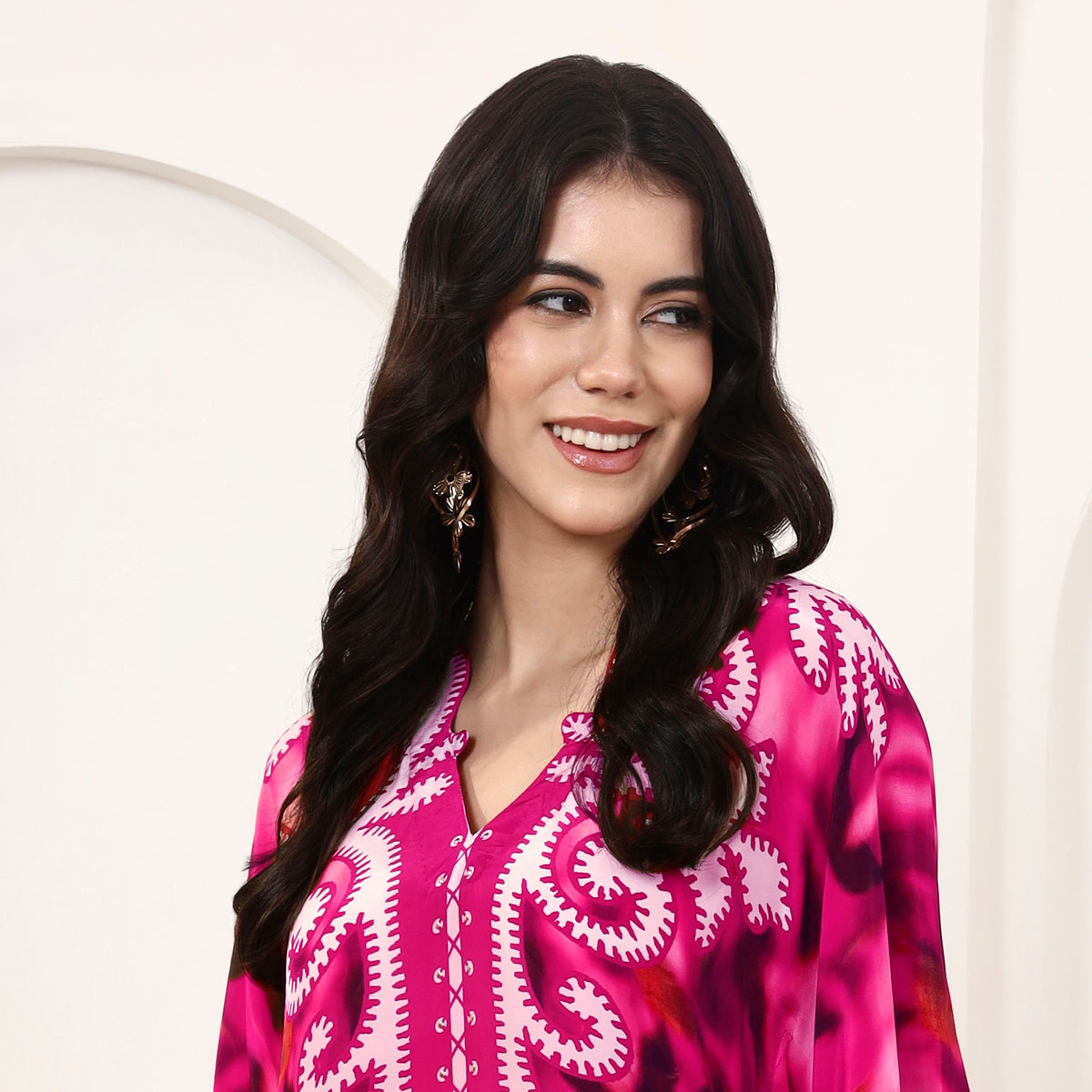 Pink Abstract Print Kaftan for Women – Viscose Crepe – Back View | First Resort by Ramola Bachchan
