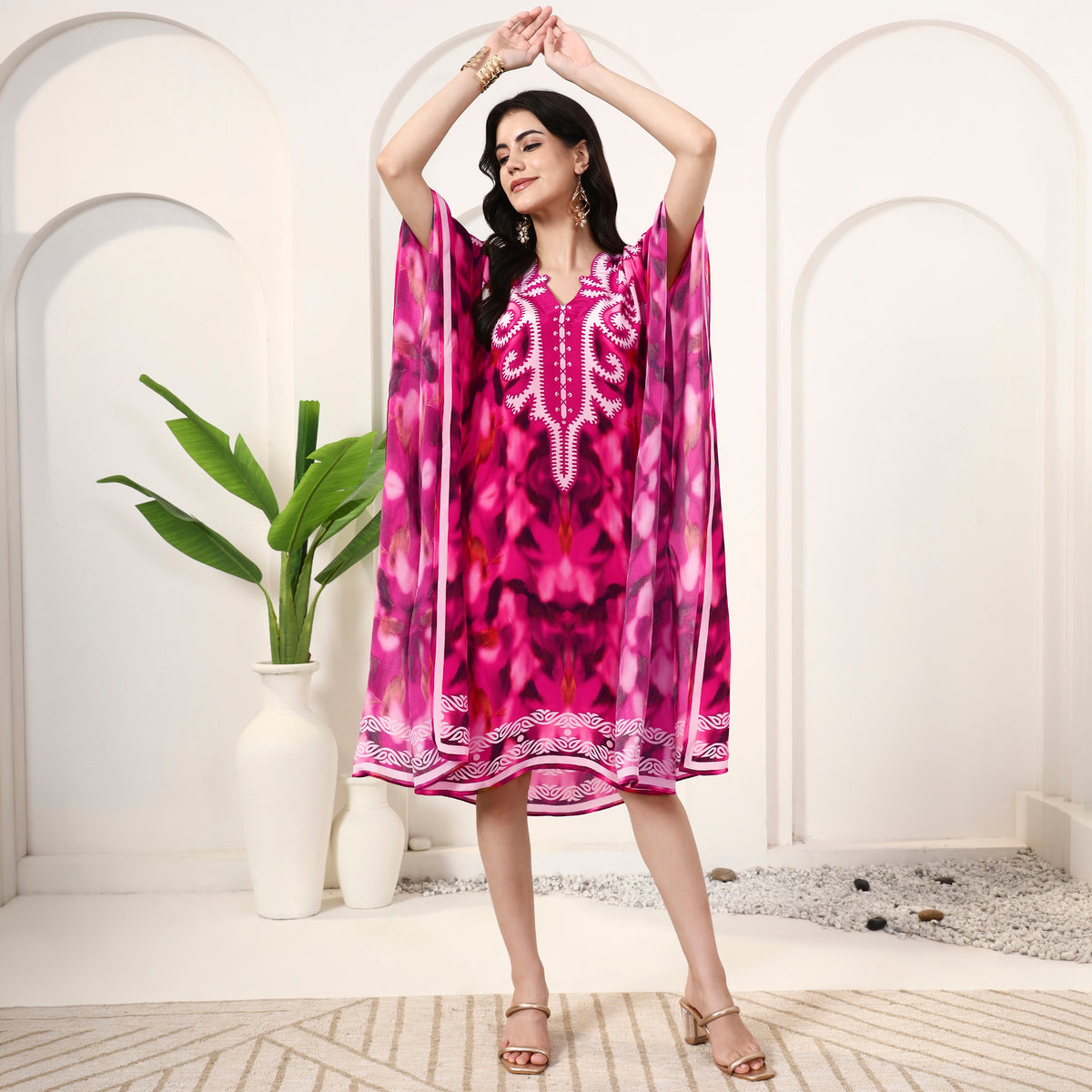 Pink Abstract Print Kaftan for Women – Viscose Crepe – Close Up | First Resort by Ramola Bachchan