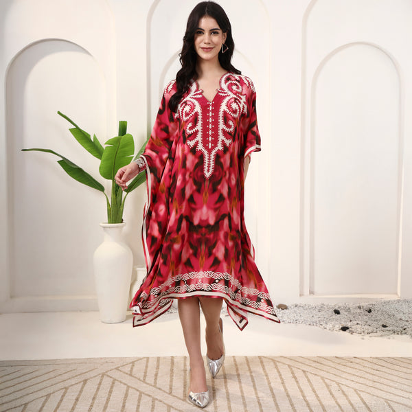 Red Abstract Print Kaftan for Women – Viscose Crepe | First Resort by Ramola Bachchan