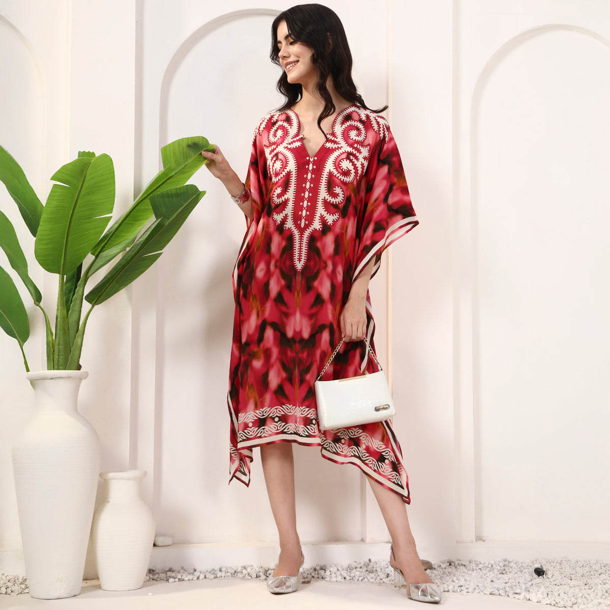 Red Abstract Print Kaftan for Women – Viscose Crepe – Front View | First Resort by Ramola Bachchan