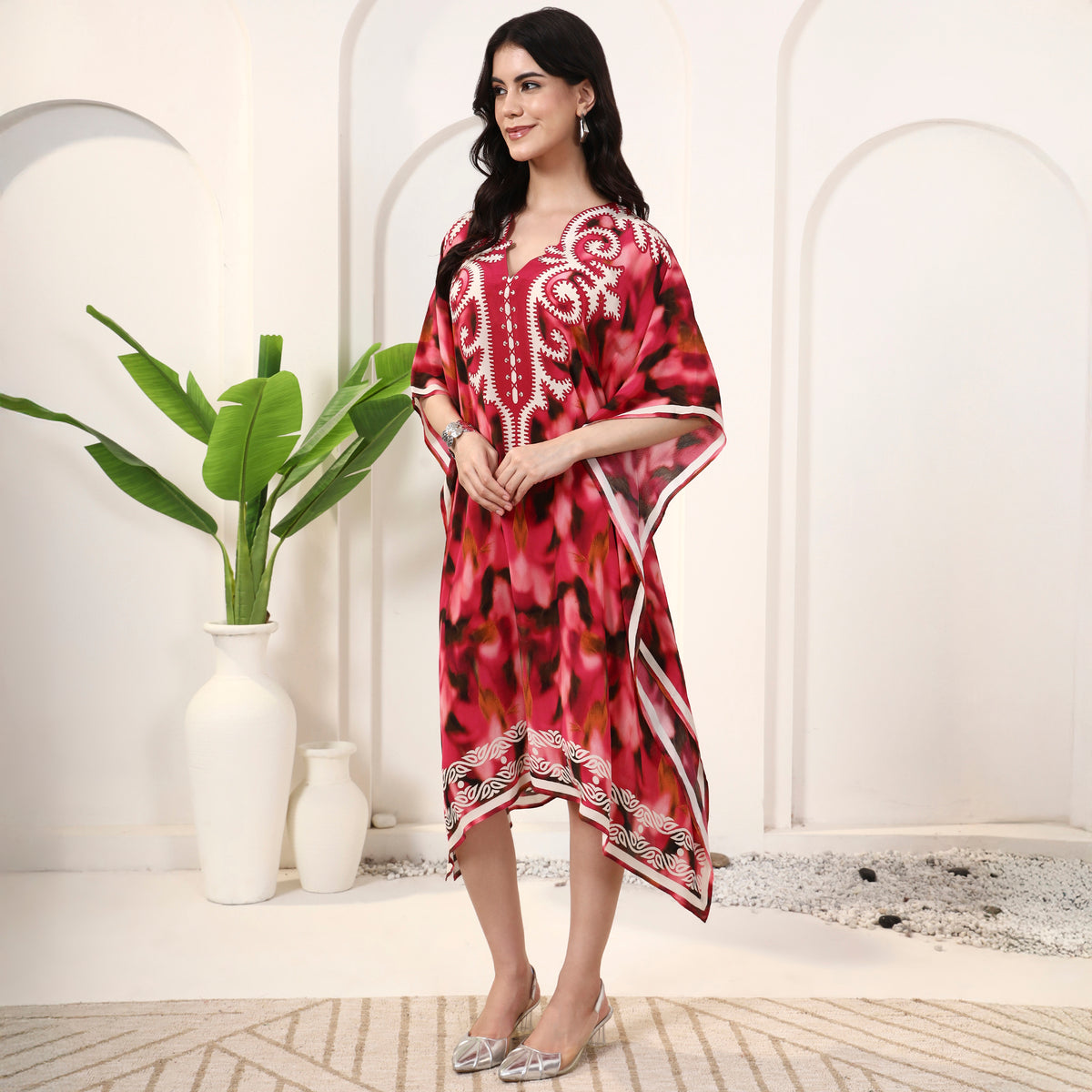 Red Abstract Print Kaftan for Women – Viscose Crepe – Model View | First Resort by Ramola Bachchan