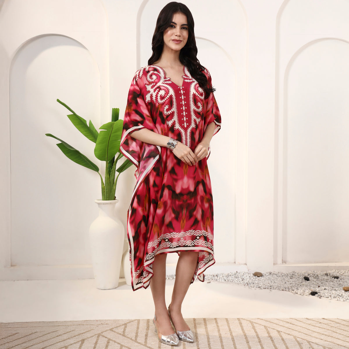 Red Abstract Print Kaftan for Women – Viscose Crepe – Side View | First Resort by Ramola Bachchan