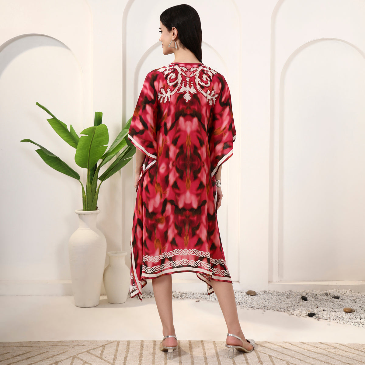 Red Abstract Print Kaftan for Women – Viscose Crepe – Detail View | First Resort by Ramola Bachchan
