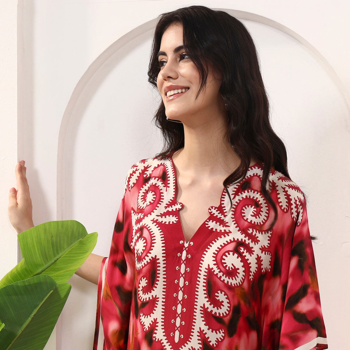 Red Abstract Print Kaftan for Women – Viscose Crepe – Back View | First Resort by Ramola Bachchan