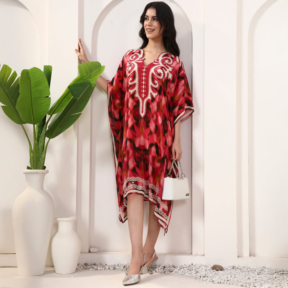 Red Abstract Print Kaftan for Women – Viscose Crepe – Close Up | First Resort by Ramola Bachchan