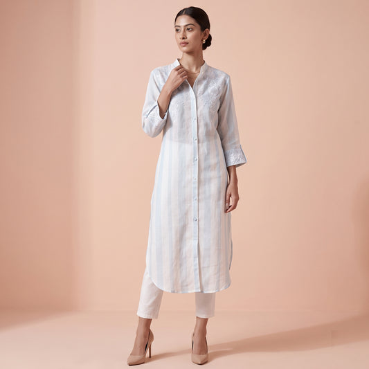 White And Blue Stripe Print Kurta for Women – Embroidered | First Resort by Ramola Bachchan