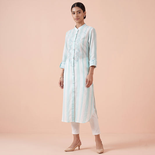 White And Green Stripe Print Kurta for Women – Embroidered | First Resort by Ramola Bachchan