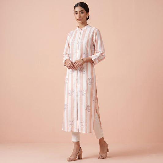White And Rust Stripe Print Kurta for Women – Embroidered | First Resort by Ramola Bachchan