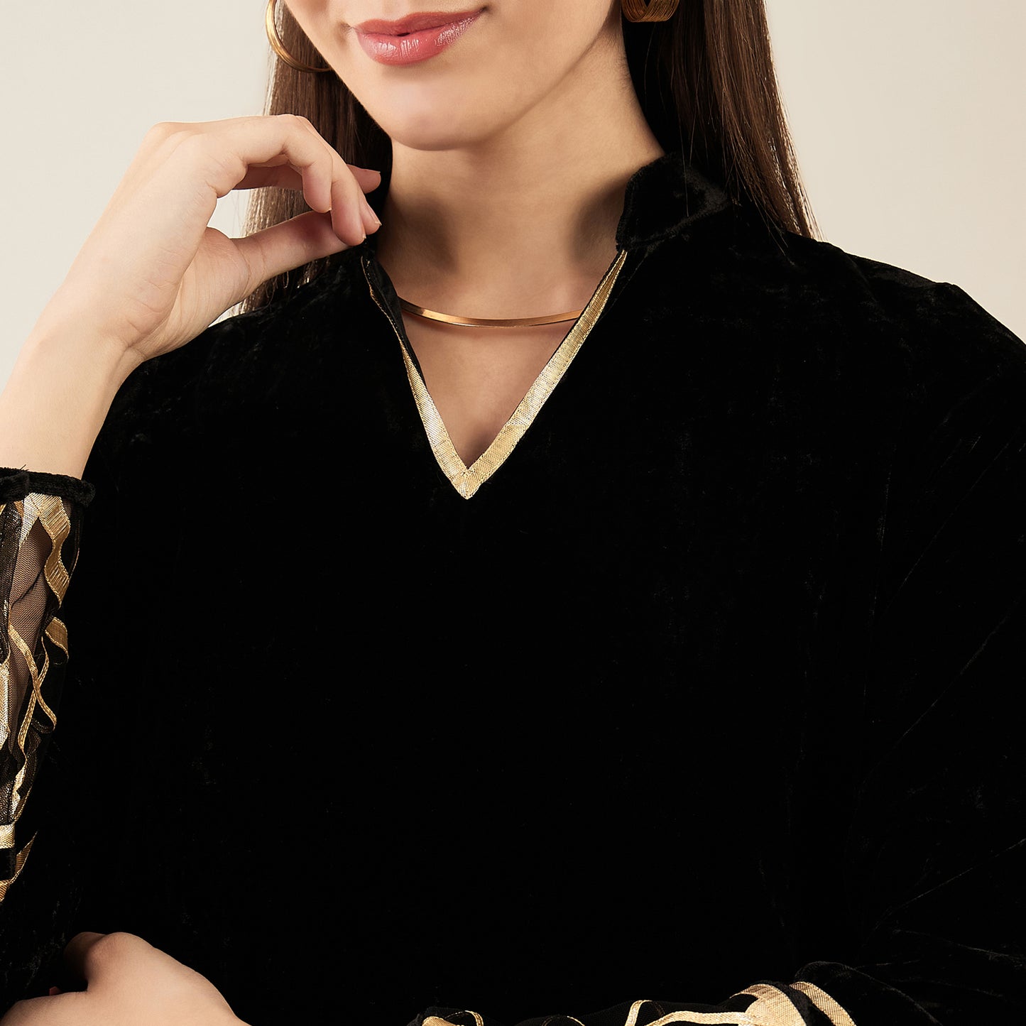 Black Silk Velvet Kurta with Gota Lace Detail