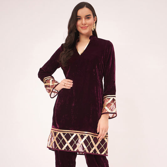 Maroon Silk Velvet Kurta with Gota Lace Detail