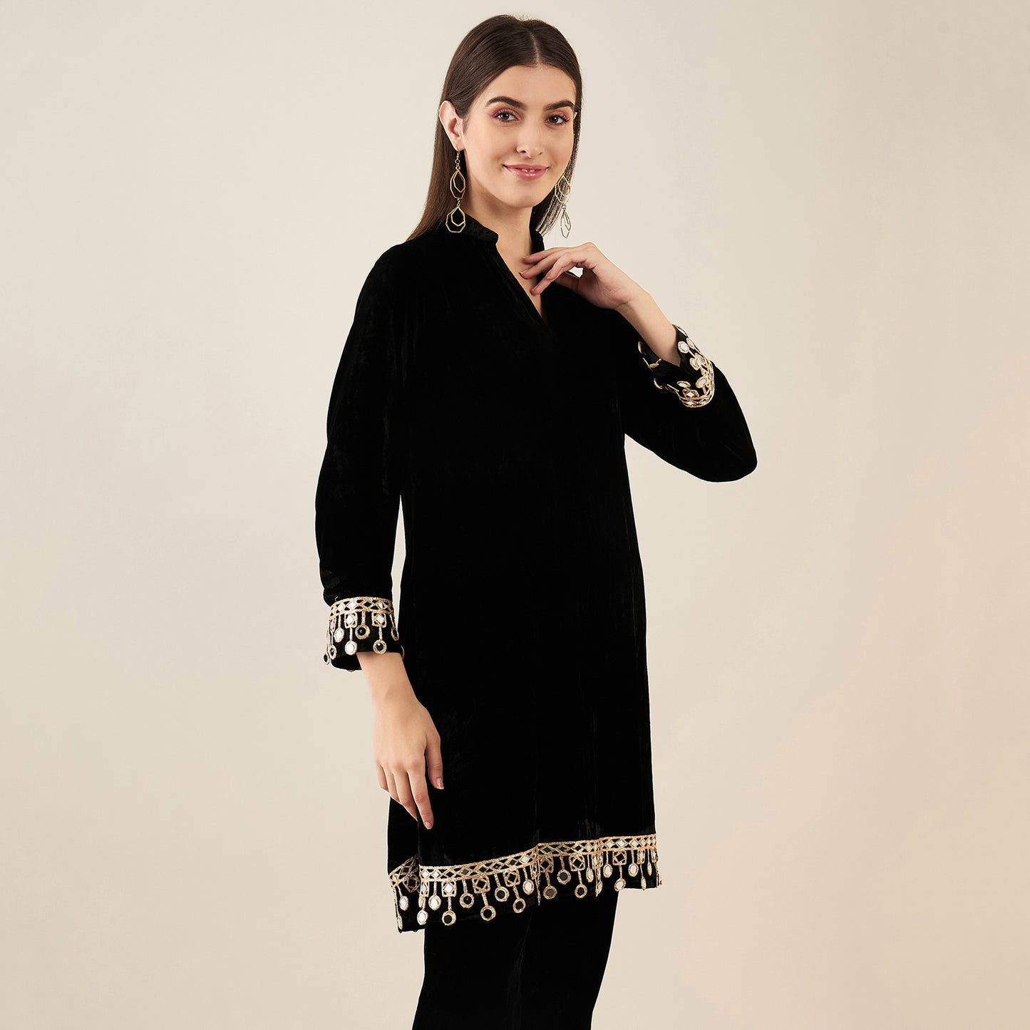 Black Silk Velvet Kurta with Mirror Lace Detail