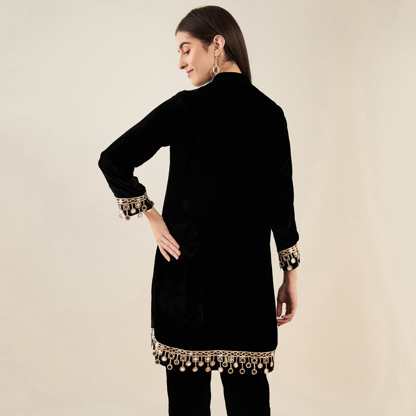 Black Silk Velvet Kurta with Mirror Lace Detail