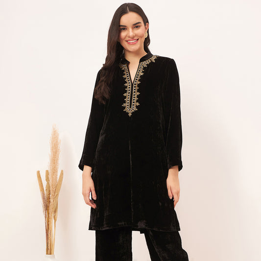 Black Hand Embroidered Silk Velvet Kurta