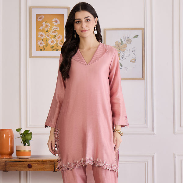 Carnation Pink Kurta for Women – Embroidered | First Resort by Ramola Bachchan