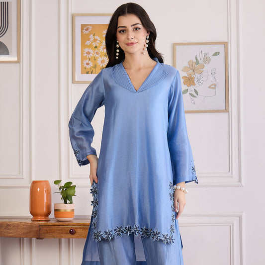 Sky Blue Floral Cutwork Kurta