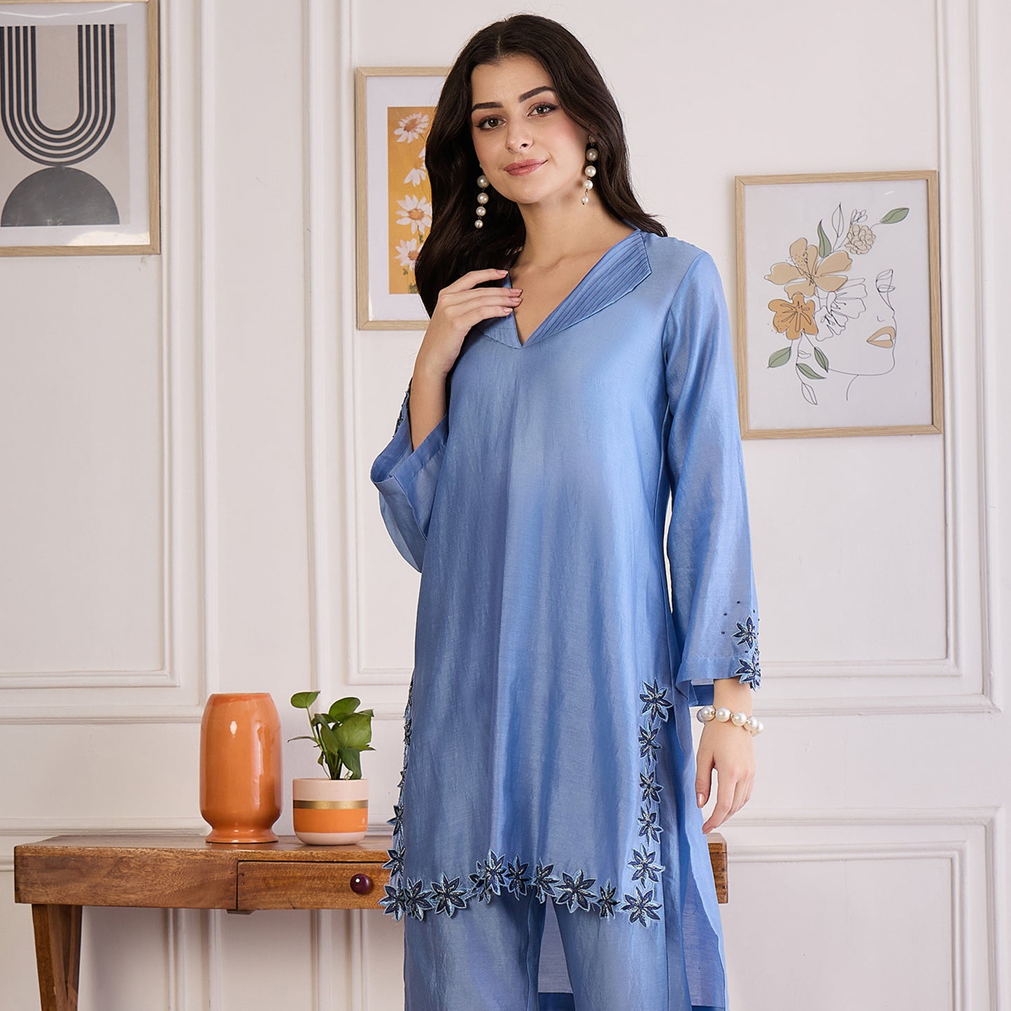 Sky Blue Floral Cutwork Kurta