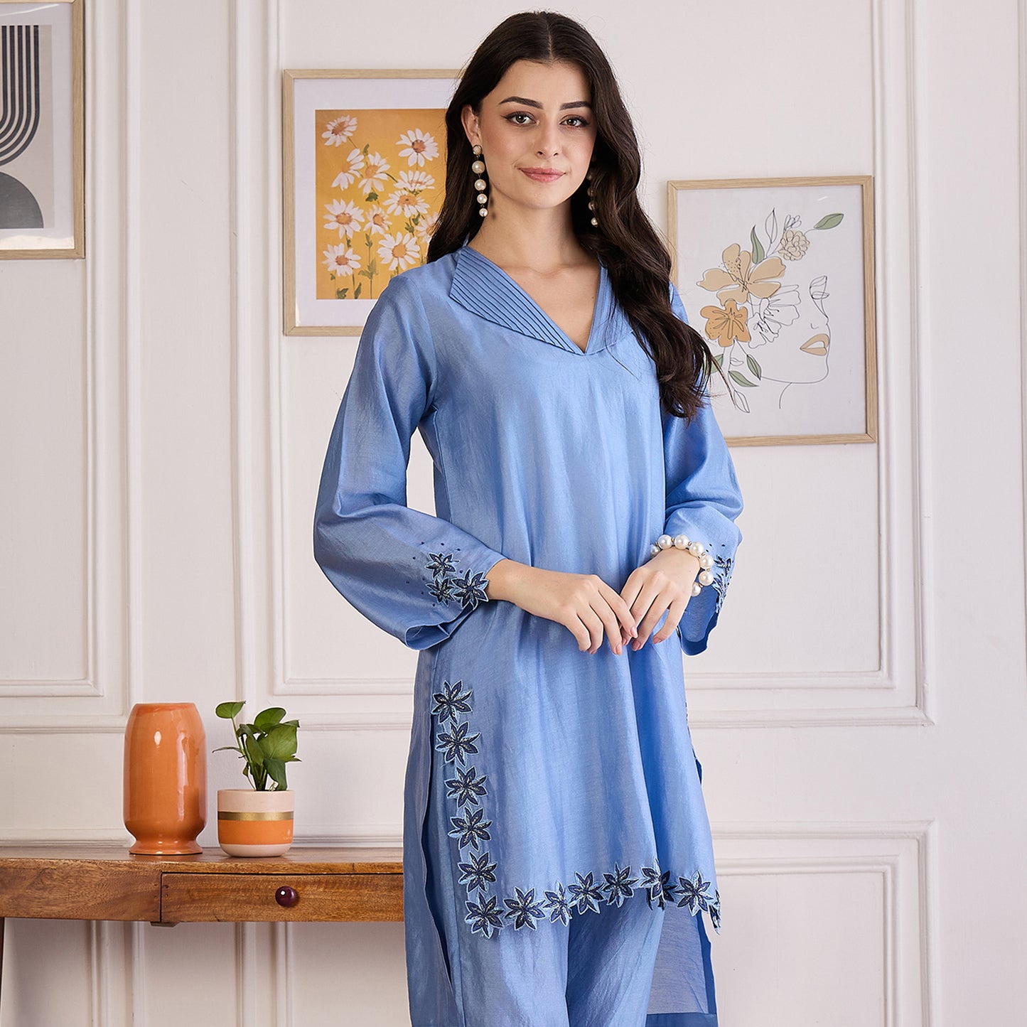 Sky Blue Floral Cutwork Kurta