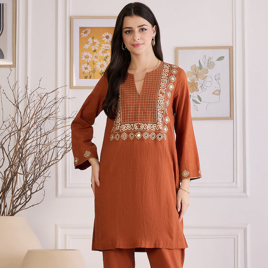 Earthy Brown Yoke Embroidered Kurta