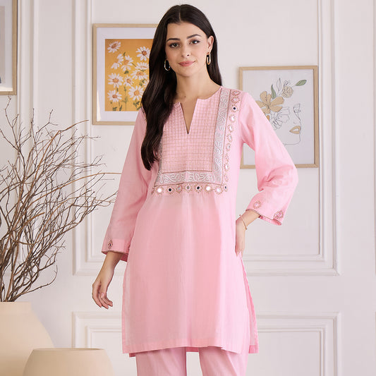 Pink Yoke Embroidered Kurta