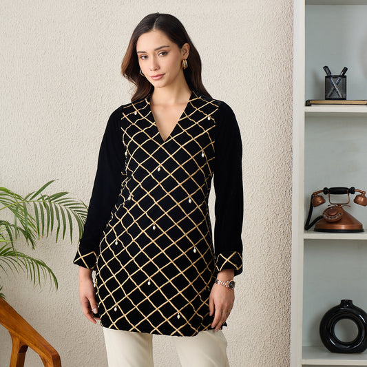 Black Cross-Embroidered Velvet Kurta