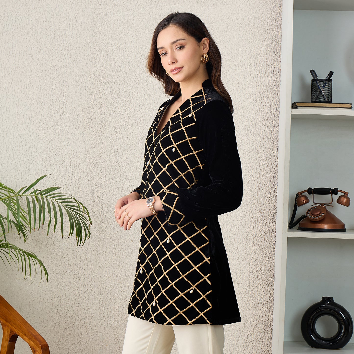 Black Cross-Embroidered Velvet Kurta