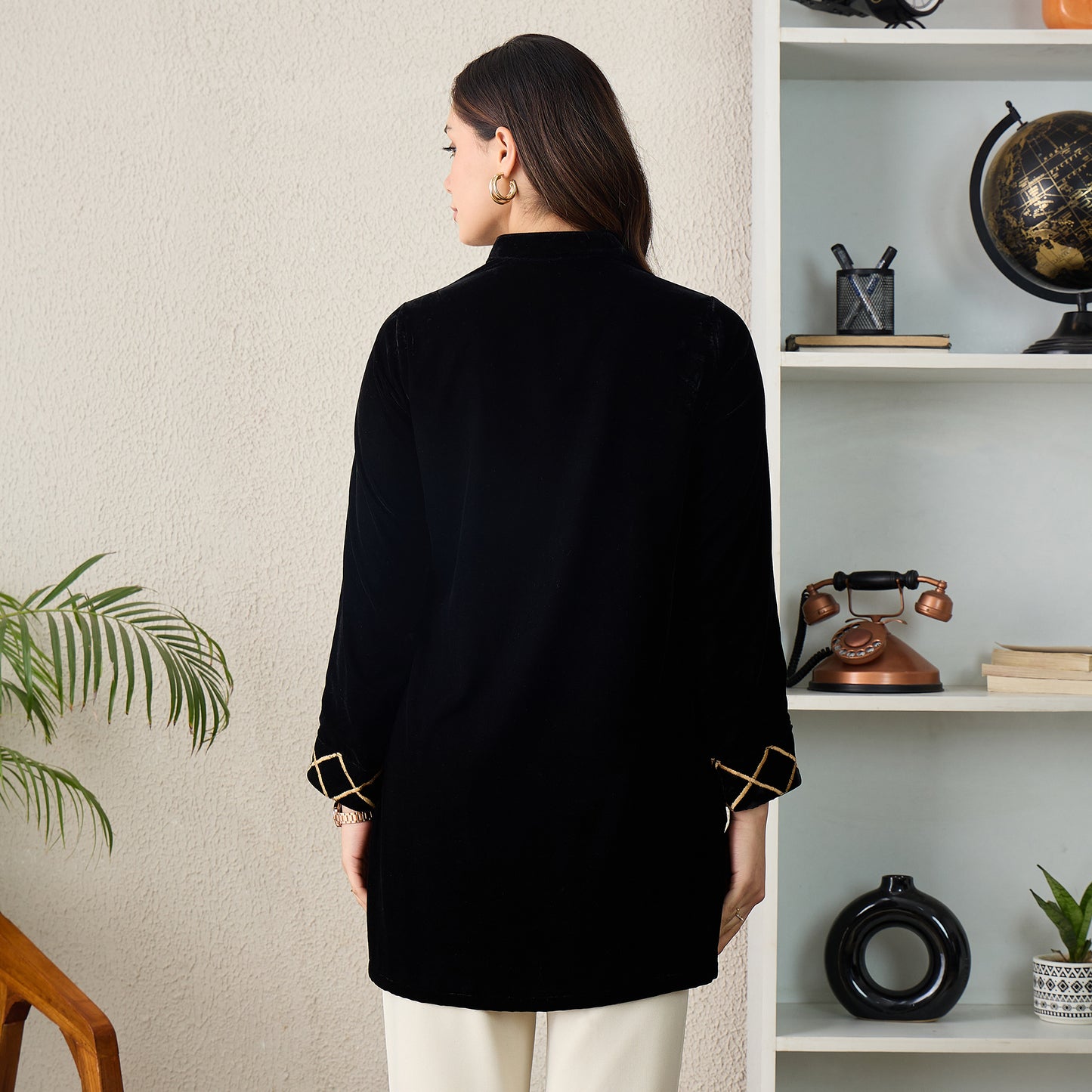 Black Cross-Embroidered Velvet Kurta