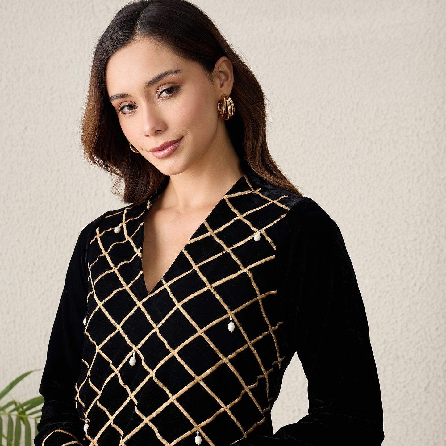 Black Cross-Embroidered Velvet Kurta