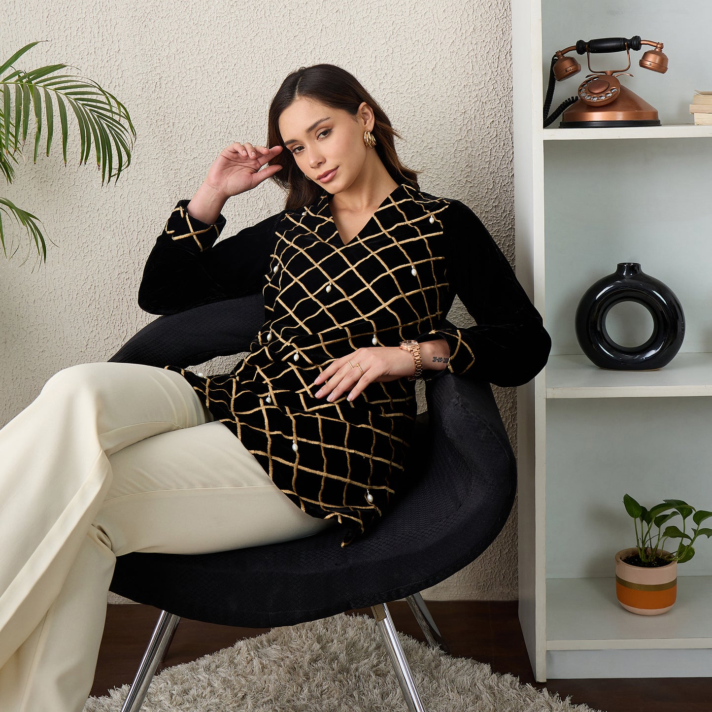 Black Cross-Embroidered Velvet Kurta