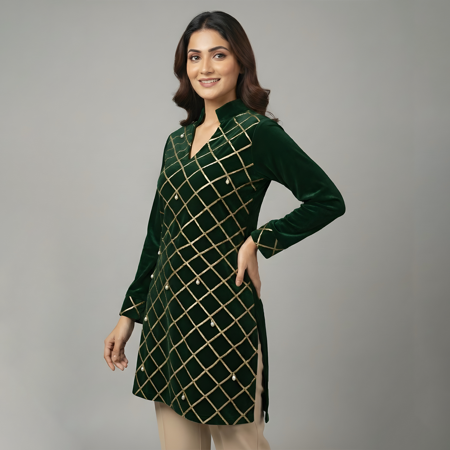 Bottle Green Cross-Embroidered Velvet Kurta