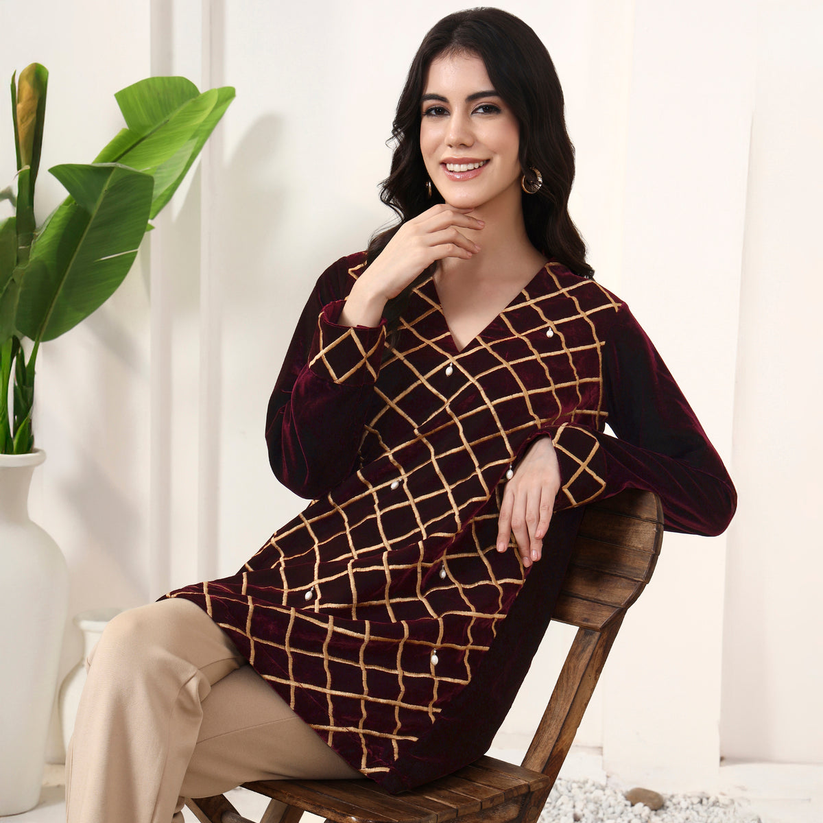 Maroon Kurta for Women – Micro Velvet – Front View | First Resort by Ramola Bachchan