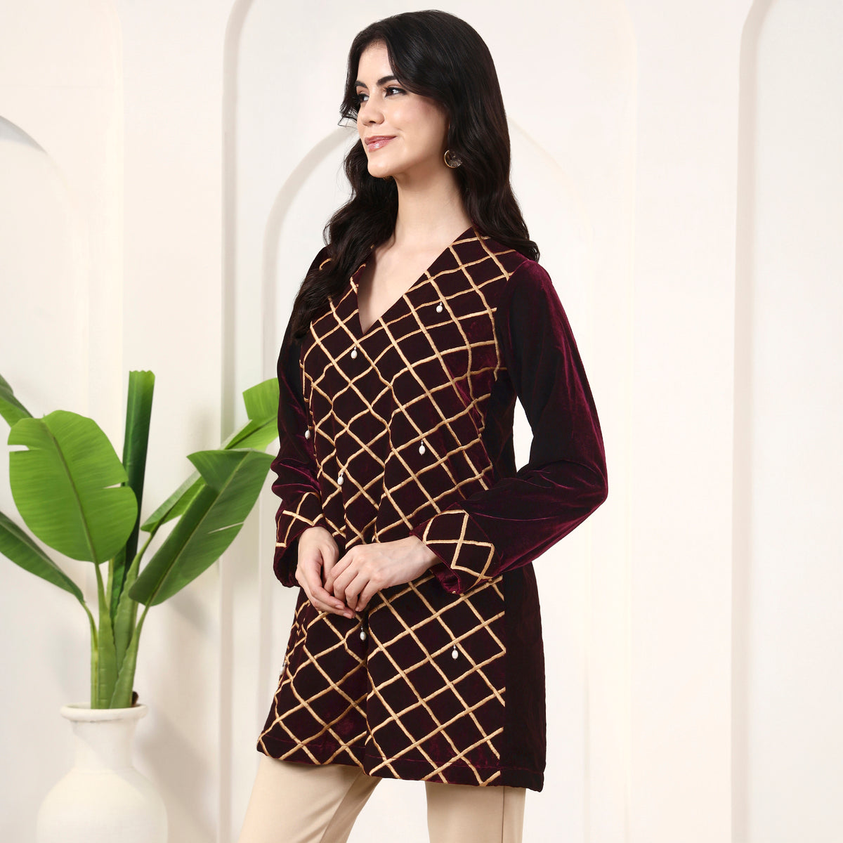 Maroon Kurta for Women – Micro Velvet – Model View | First Resort by Ramola Bachchan