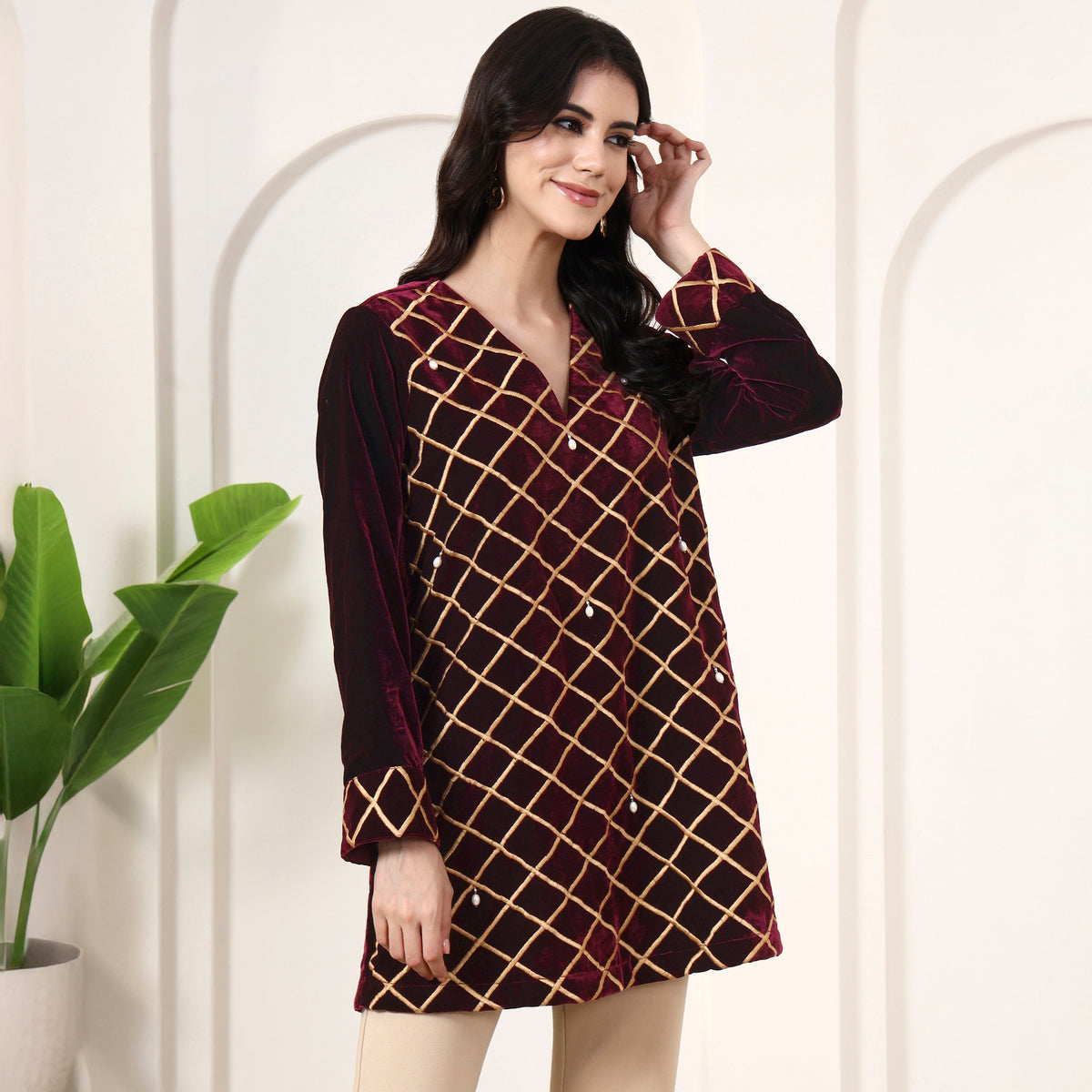 Maroon Kurta for Women – Micro Velvet – Side View | First Resort by Ramola Bachchan