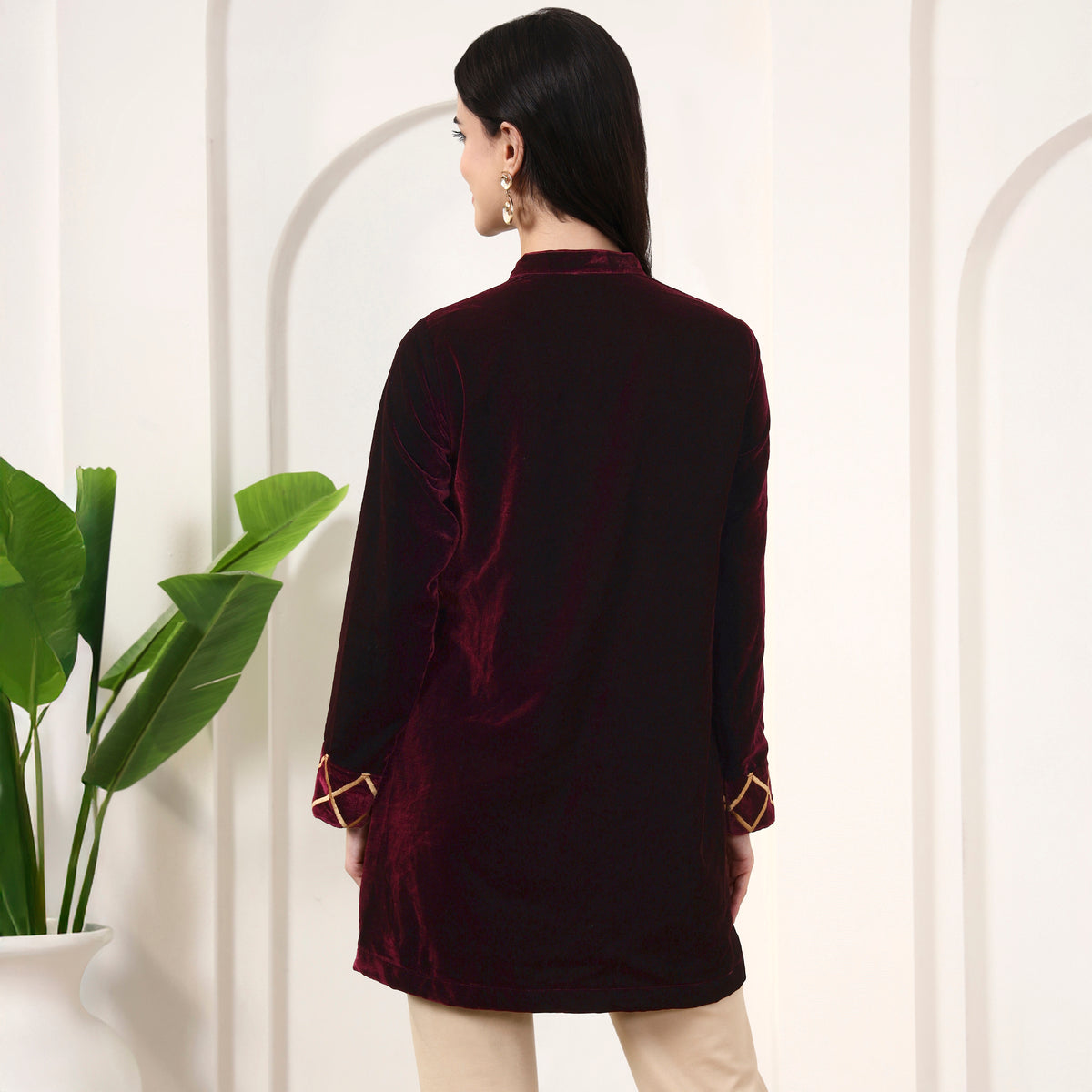 Maroon Kurta for Women – Micro Velvet – Detail View | First Resort by Ramola Bachchan