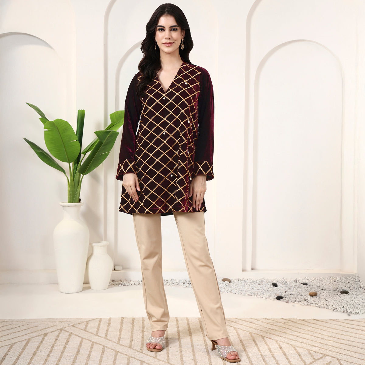 Maroon Kurta for Women – Micro Velvet – Close Up | First Resort by Ramola Bachchan