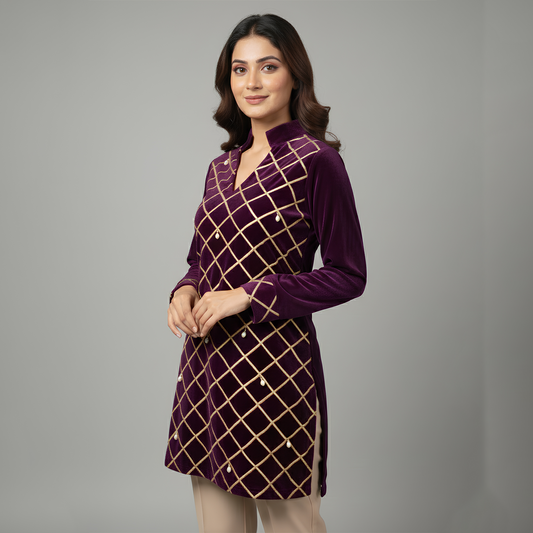 Purple Cross-Embroidered Velvet Kurta