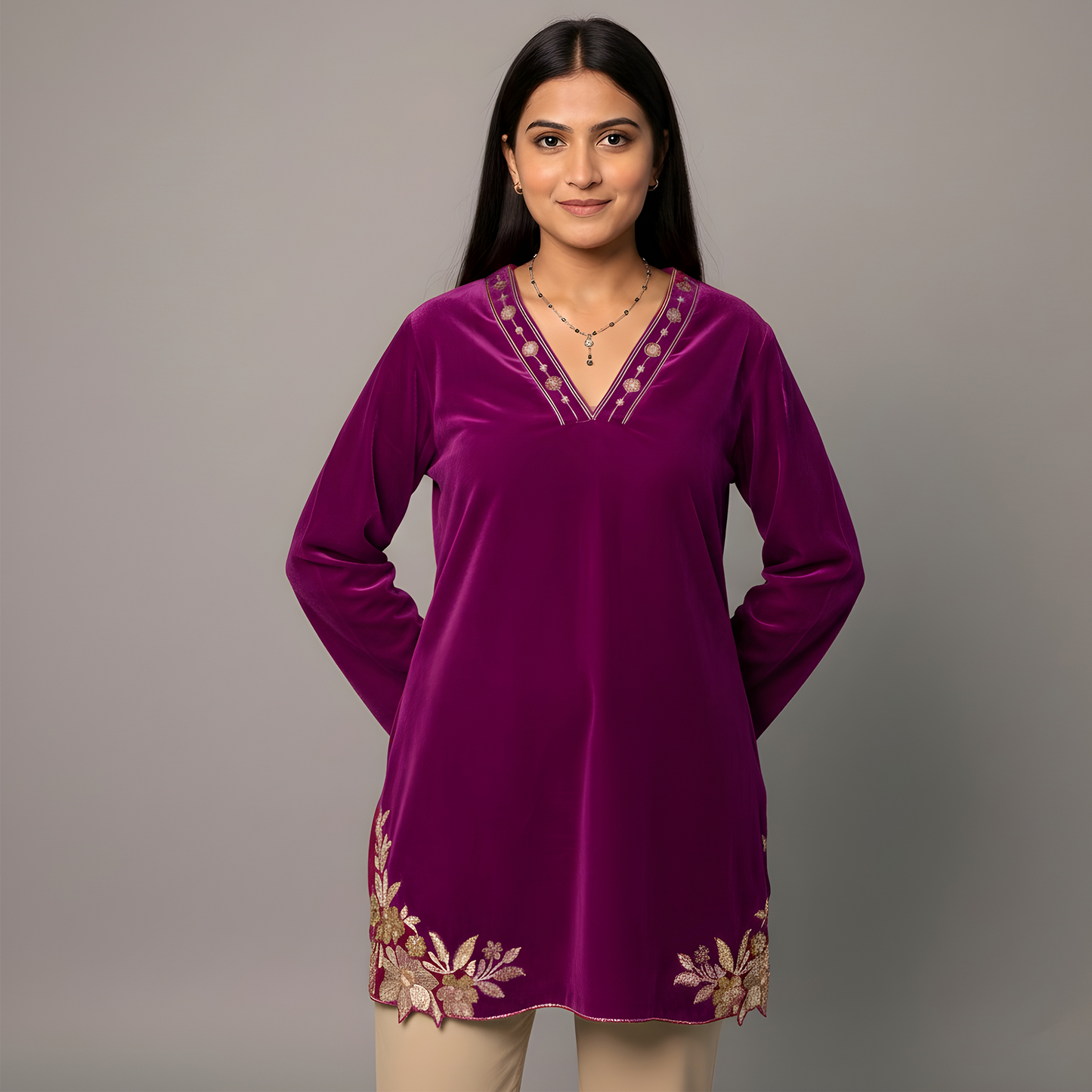 Magenta Floral Cutwork Velvet Kurta