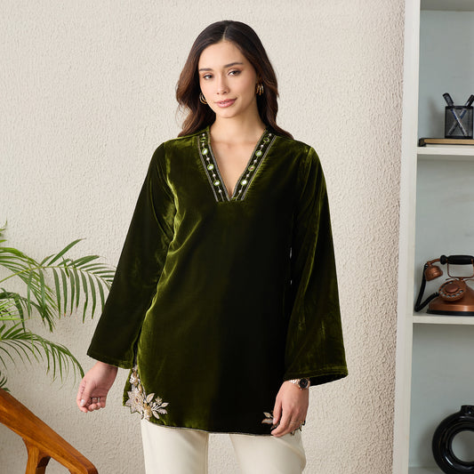 Olive Green Floral Cutwork Velvet Kurta