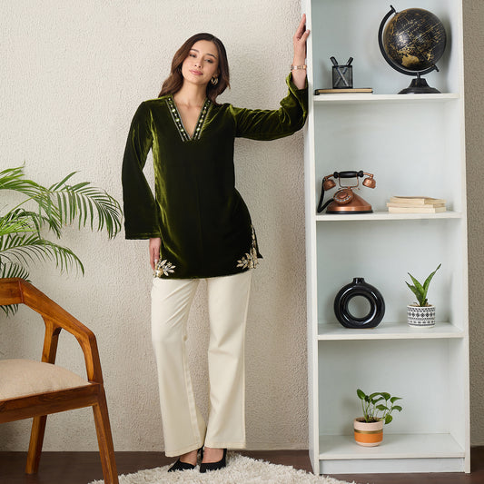 Olive Green Floral Cutwork Velvet Kurta