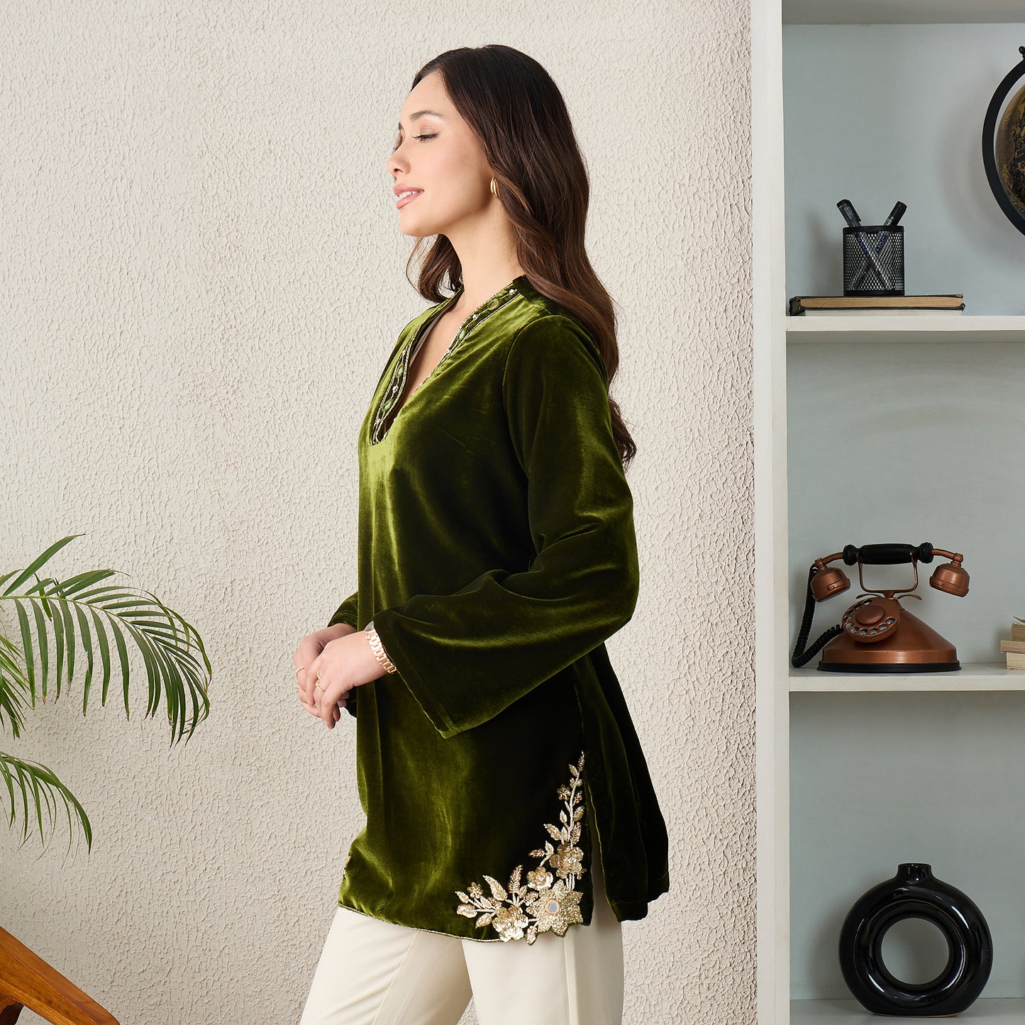 Olive Green Floral Cutwork Velvet Kurta