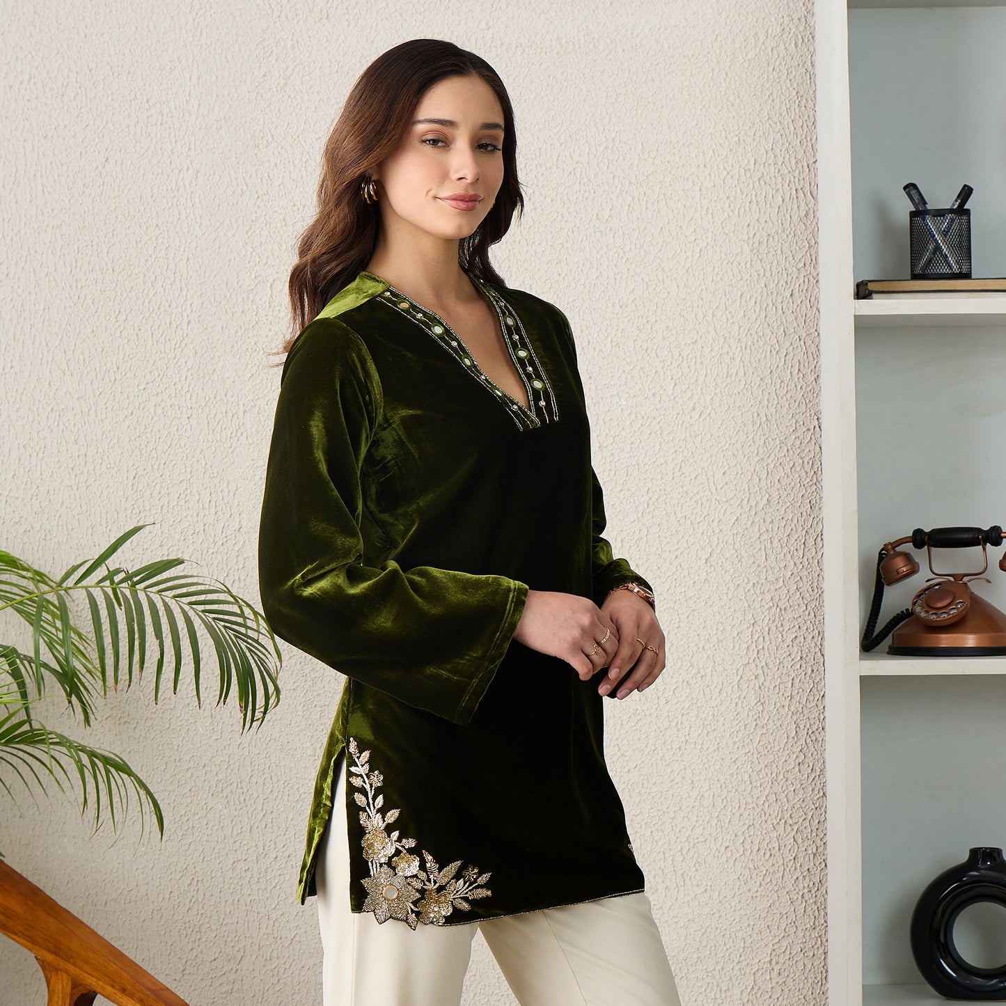 Olive Green Floral Cutwork Velvet Kurta