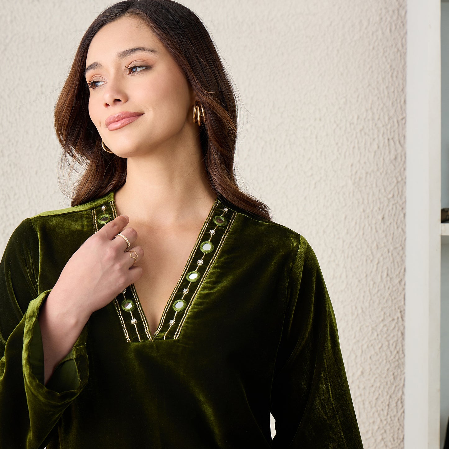 Olive Green Floral Cutwork Velvet Kurta