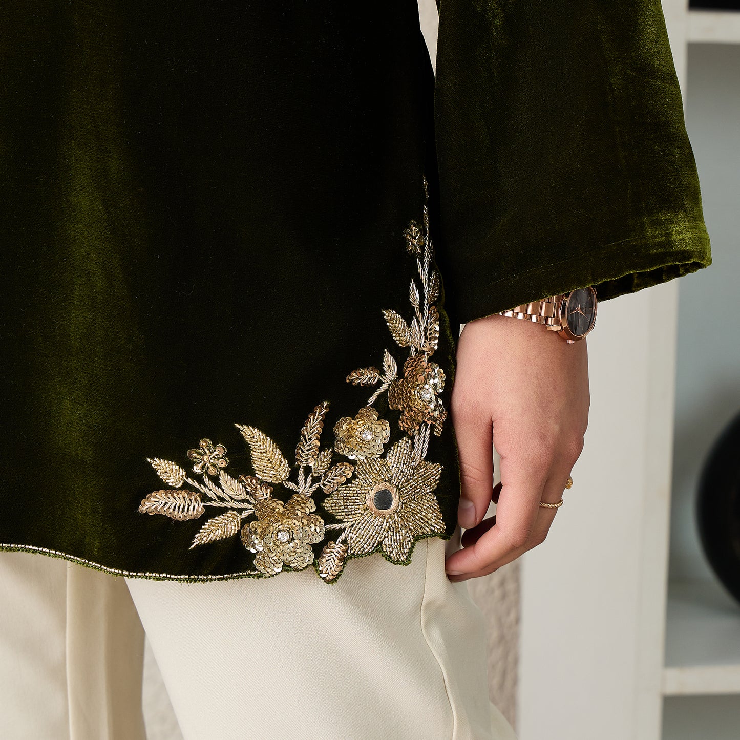 Olive Green Floral Cutwork Velvet Kurta