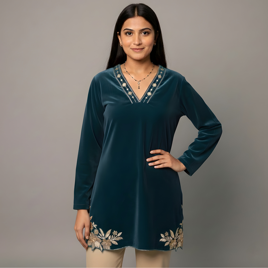 Teal Floral Cutwork Velvet Kurta