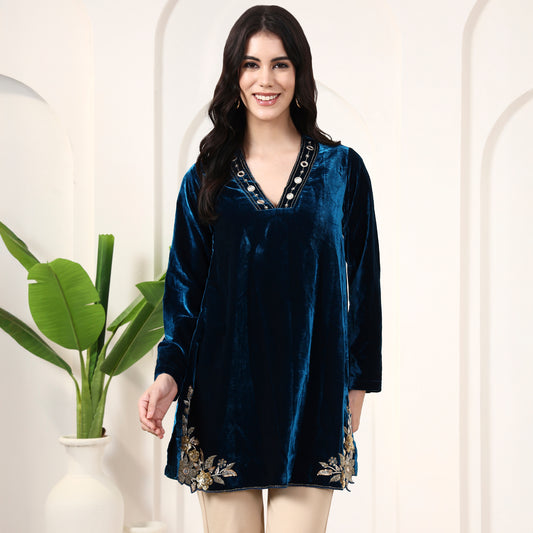 Teal Kurta for Women – Micro Velvet | First Resort by Ramola Bachchan