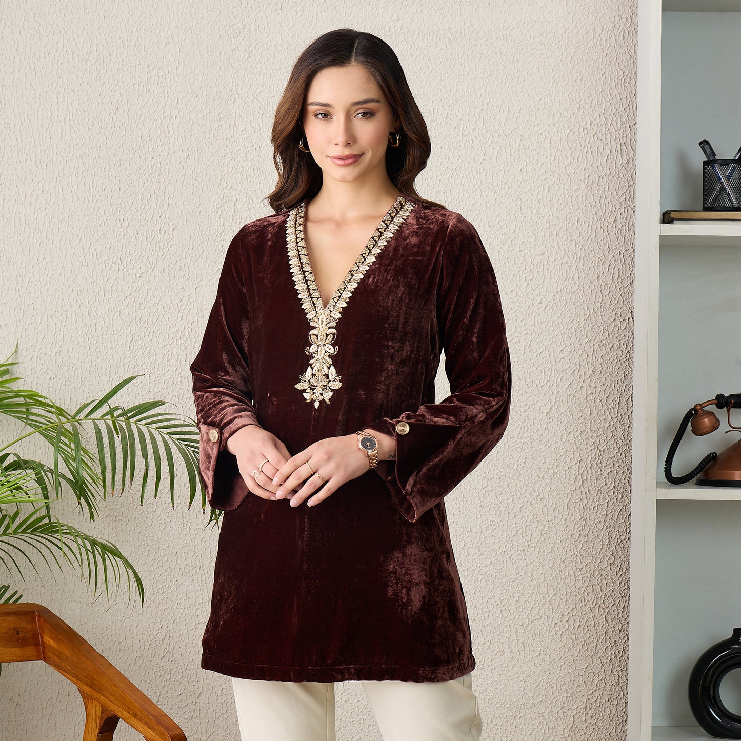 Brown Golden Yoke Hand Embroidered Velvet Kurta
